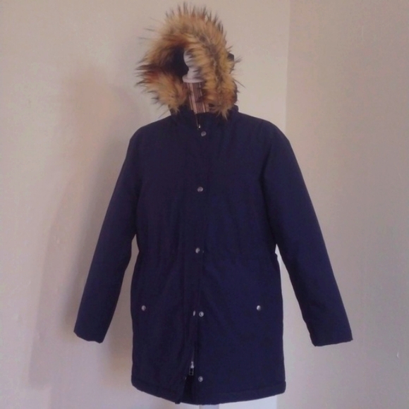 J Crew Factory Navy Faux Fur Trim Winter Parka Size M Like New - Picture 2 of 15